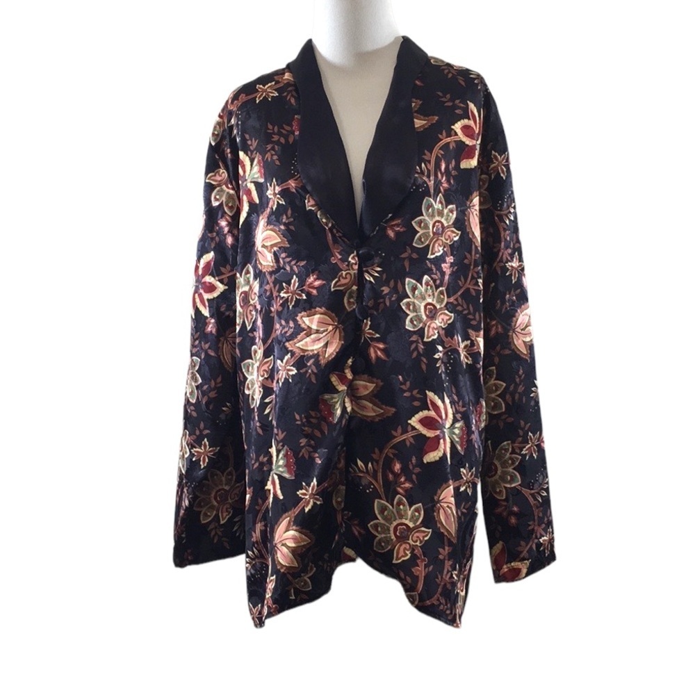 Victoria's Secret Black Floral Pajama Top Womens Large Button Vintage Gold Label